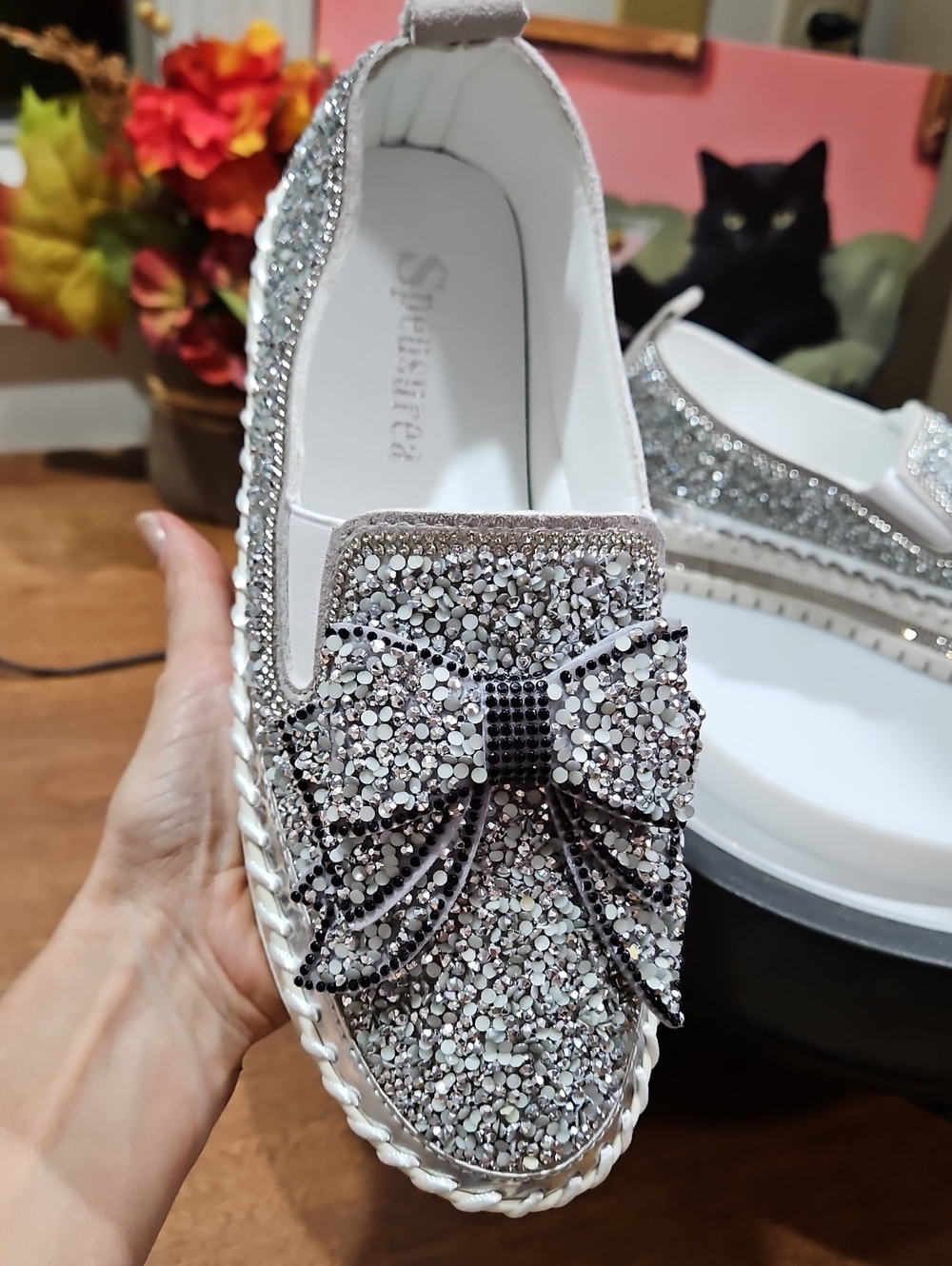 Crystal Embellished Silver Bow Loafer Flats